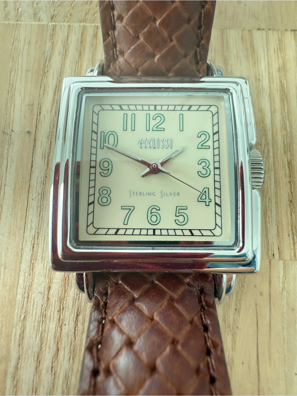 Ecclissi square Sterling silver brown leather watch NEW BATTERY